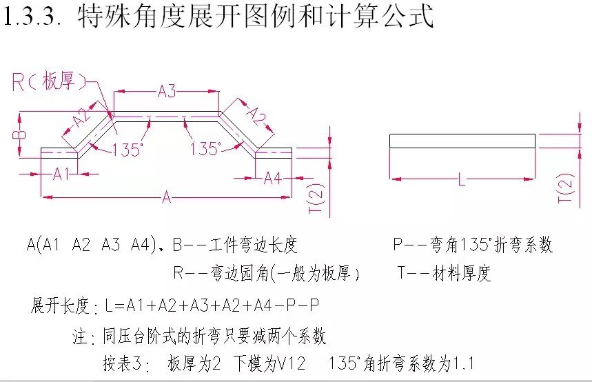 特殊角度折弯展开图例和计算公式